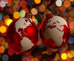 пазл Рождественские шары, украшенные карта мира
